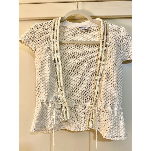 Bebe Winter White Cotton Knit Cardigan Silver Sequin Size M - Picture 1 of 5